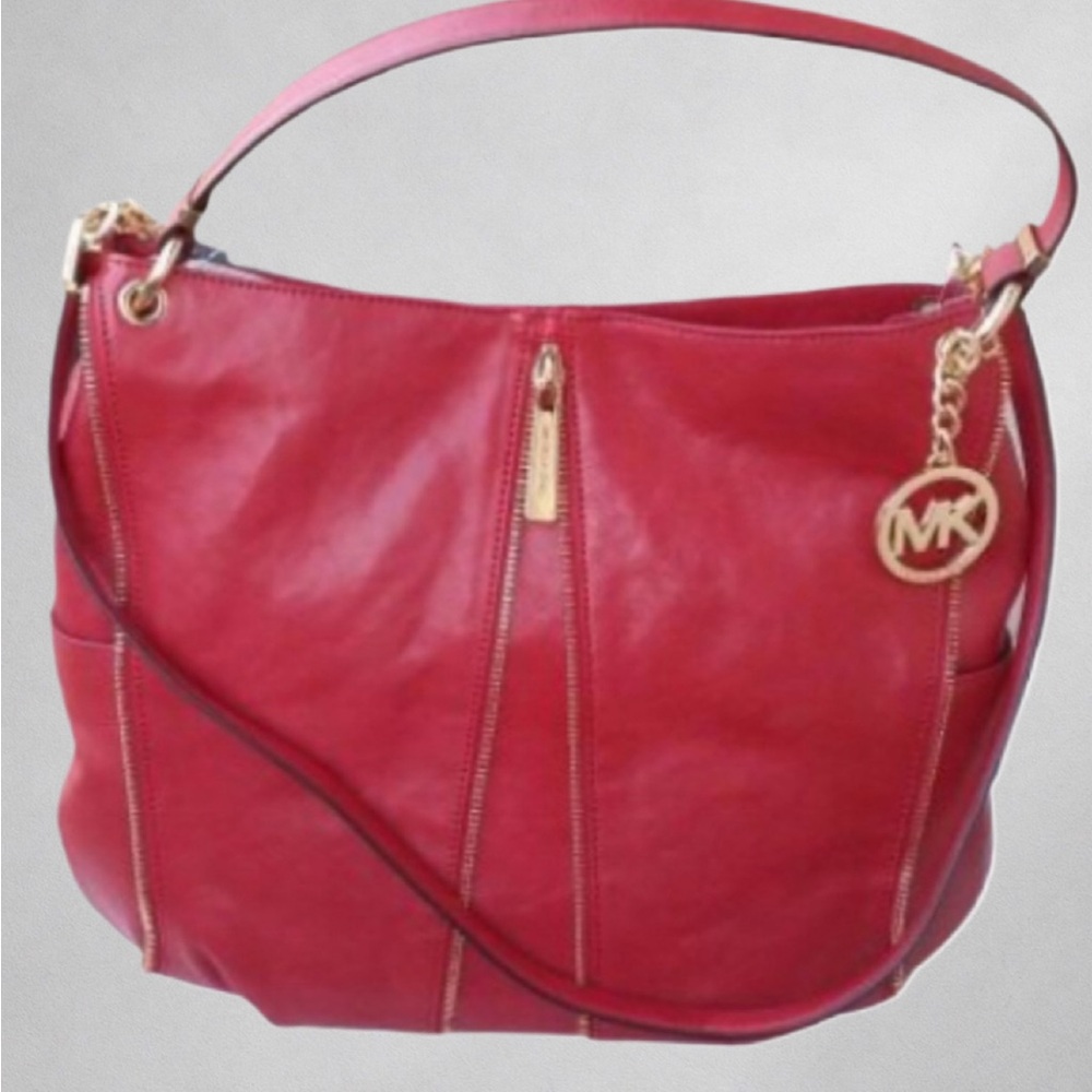 Michael Kors Red Leather Zip Pocket Shoulder Hobo Bag Gold Hardware MK Logo - Picture 1 of 6